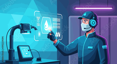 Futuristic agricultural technician controls water use with a holographic display and advanced