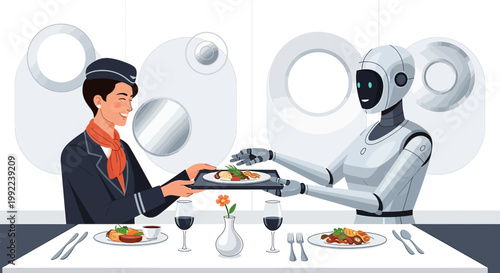 Futuristic airplane scenario with human flight attendant and robot sharing fine dining