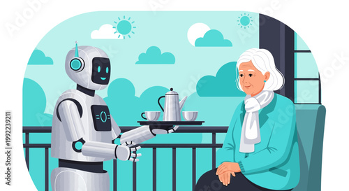 Futuristic assistance with a caring robot serving tea to a senior woman providing assistance and