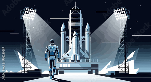 Futuristic astronaut in a spacesuit before a launching rocket under spotlights preparing for the