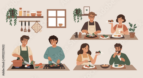 Diverse group of people cooking and enjoying meals together in a cozy kitchen setting.