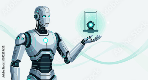 Futuristic android presents advanced technology in a clean technological design interface