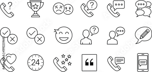 Minimal communication and feedback line icon set featuring phone chat rating support customer service symbols for modern user interface design