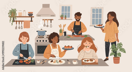 Diverse group of friends enjoying a cooking class together, preparing and sharing food in a lively kitchen setting.