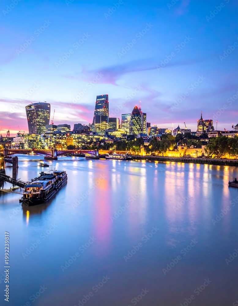 Obraz premium City skyline at dusk over a wide river with a boat
