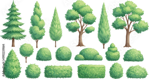 Set of Vector Garden Trees and Decorative Bushes for Landscape Design and Architectural Visualization Projects