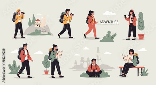Diverse Group of Travelers Exploring Various Destinations with Backpacks and Maps.