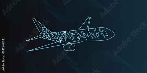 Digital Futuristc Vectoe Abstract polygonal airplane on gray background. Illustrations With glowwing dots