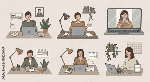Diverse individuals working remotely from home offices, engaged in various tasks.
