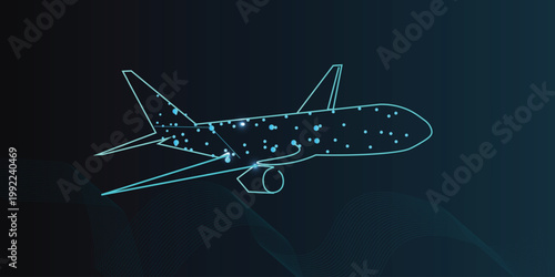 Digital Futuristc Vectoe Abstract polygonal airplane on gray background. Illustrations With glowwing dots