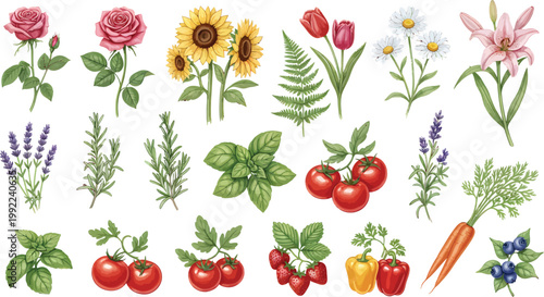 Hand Drawn Botanical Collection Featuring Assorted Flowers Herbs Vegetables and Berries in Watercolor Vector Style