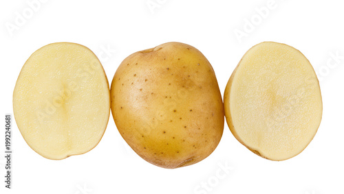 Whole potato and two halves showing raw starchy interior, isolated on transparent background