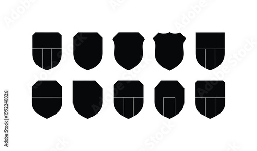 Collection of ten black silhouettes of shields with varied designs, including horizontal and vertical lines, on a white background.