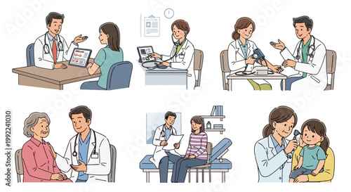 Doctors and patients in various medical consultation and examination scenarios.