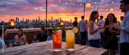 People enjoying cocktails and socializing at a rooftop party during sunset with city skyline backdrop
