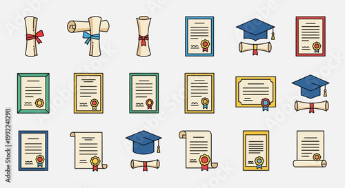 Graduation diploma certificates and scrolls.