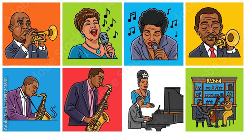 Jazz musicians playing various instruments together.