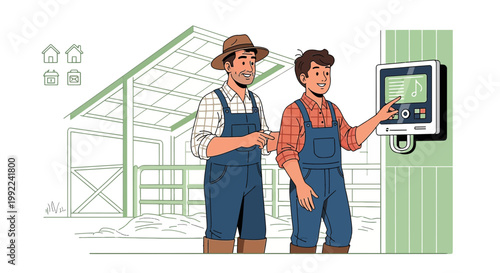 Farmers using digital monitoring system in modern smart farm setting showcasing technological