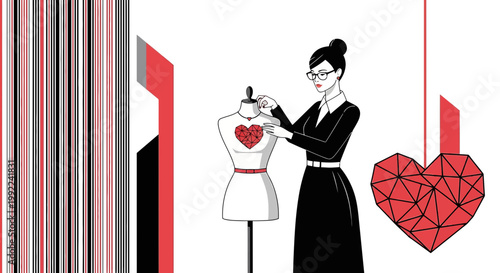 Fashion Designer Creates Heart Dress on Mannequin, Geometric Heart Art