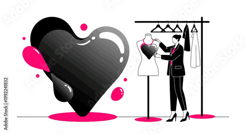 Fashion Designer Creates Heart Dress on Mannequin, Abstract Shapes Background