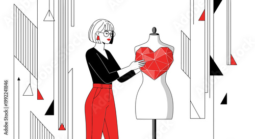 Fashion Designer Creates Geometric Heart on Mannequin, Modern Abstract Design