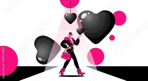 Fashionable Woman on Catwalk with Abstract Black Hearts and Pink Circles