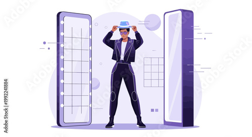 Fashionable individual trying on hat in front of mirrors with sleek and modern design