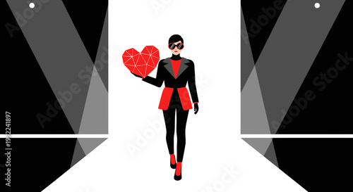 Fashionable Woman with Geometric Heart on Runway, Love Fashion Show