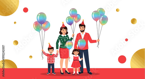 Festive family illustration celebrating a special occasion with party hats and balloons creating a