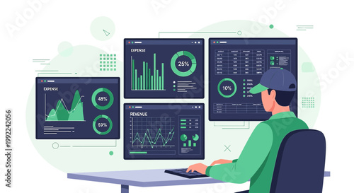 Financial analyst monitoring business data visualization and performance dashboards using modern