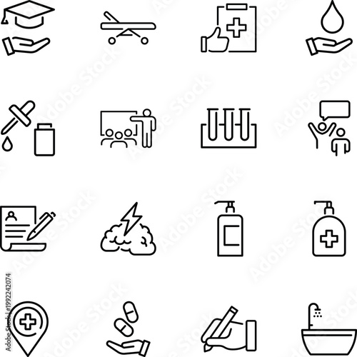 Medical healthcare education wellness treatment service icons, stretcher, dropper, pills, brain, clipboard, cap, soap