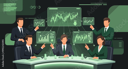 Financial analysts team analyzing stock market trends and investment strategies discussion panel