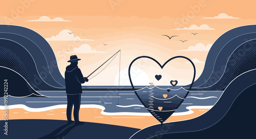 Fisherman catches heart shape in ocean at sunset, love and romance concept