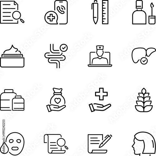 medical healthcare and wellness icons set, document, phone, pen, ruler, bottle, cream, intestines, doctor, liver, pills