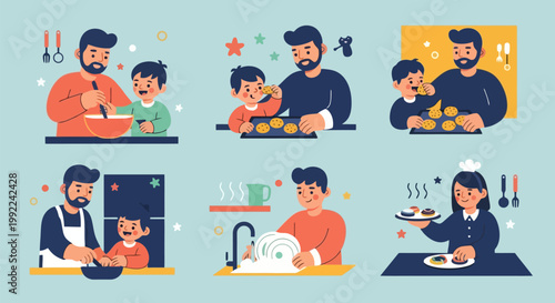 Father and son baking and doing chores together at home.