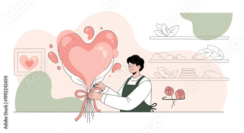 Florist Arranging Heart Balloon Bouquet for Valentine's Day or Love Celebration