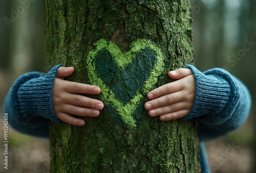 A child hugging a tree with a heart painted on it, conveying love for nature and the environment.