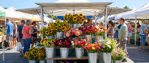 Outdoor market stall with vibrant flower arrangements in metal buckets attracting customers on a sunny summer day