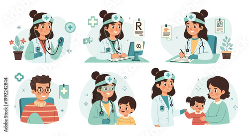 Female doctor in various medical settings with patients and equipment.