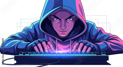 Focused digital intruder coding with intensity glowing keyboard security concept