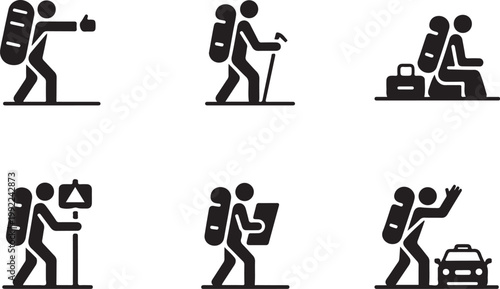 Backpackers hitchhiking black filled icon set, flat vector illustration