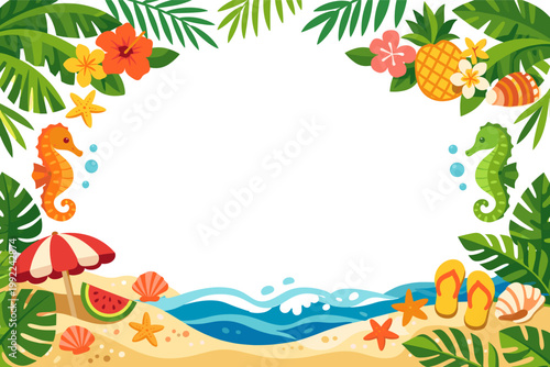 Tropical Summer Beach Frame Border with Palm Leaves, Pineapple, Seahorses, Hibiscus Flowers, Seashells, Starfish, Flip-Flops, and Watermelon on Sandy Shore with Ocean Waves Vector Illustration