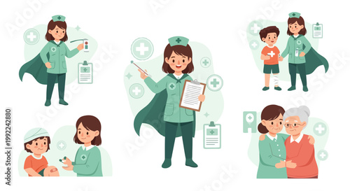 Female nurse superhero character set providing medical care and assistance to patients.