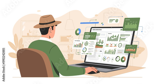 Farmer utilizing agricultural software to monitor crop growth and improve farm productivity