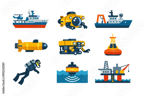 Set of Ocean Exploration and Marine Research Icons Featuring Submersibles, ROVs, Scuba Diver, Oil Rig, Sonar, and Scientific Vessels in a Simple Flat Vector Illustration for Underwater Study.