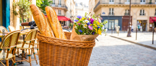 Bicycle basket filled with baguettes and a bouquet of wildflowers on a cobblestone street