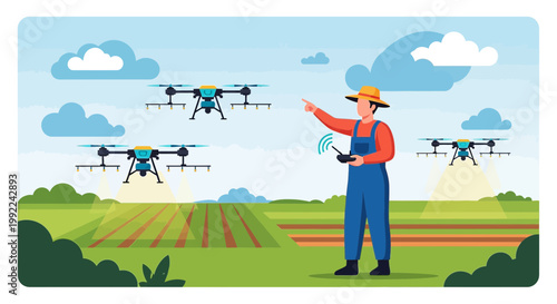 Farmer utilizing drone technology for efficient crop management and automated agriculture