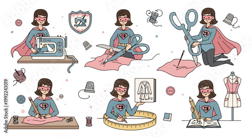 Female superhero tailor sewing and designing clothes with various tools.