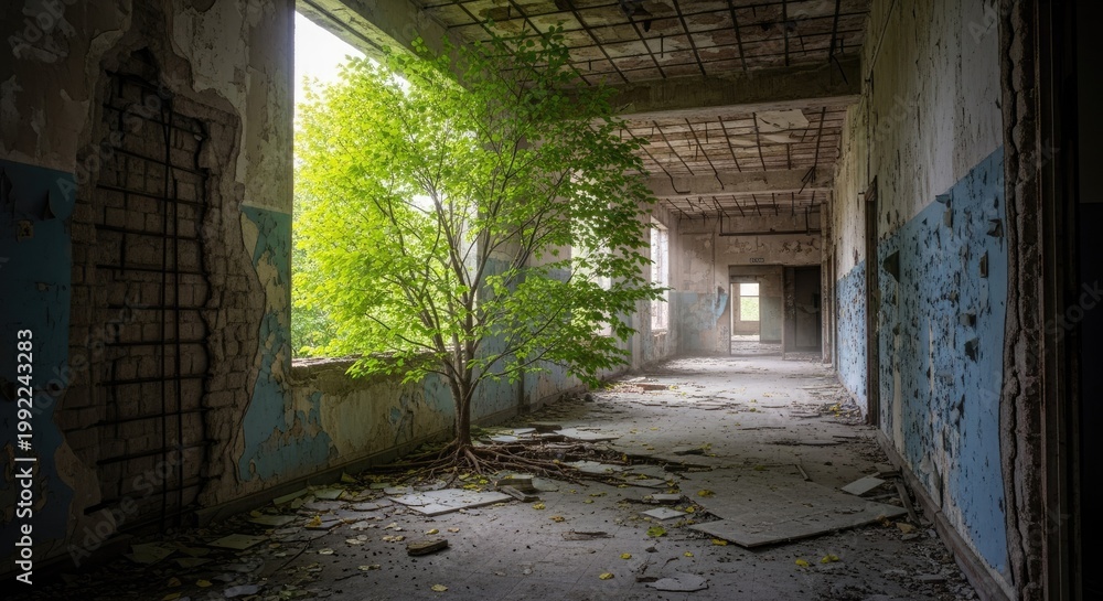Obraz premium Abandoned interior hallway with tree growing indoors near window opening