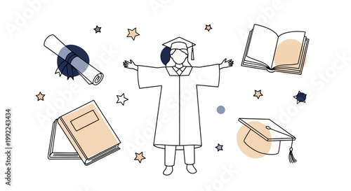 Graduation celebration with student in cap and gown surrounded by academic symbols.